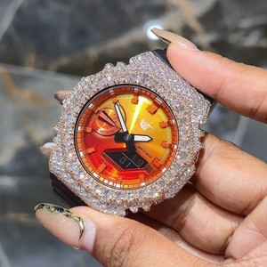 Reloj de Lujo para Mujer, Cuarzo Analógico-Digital, Caja con Pedrería, Esfera de Cristal de Zafiro, Caja de Acero Inoxidable de 45 mm, Esfera Naranja, Correa de Goma - Product Image 6