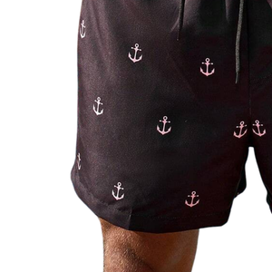 Short de bain noir pour homme, imprimé ancre, logo frontal, 100 % polyester, séchage rapide, taille élastique avec cordon de serrage, décontracté, été, natation, usage quotidien - Product Image 6