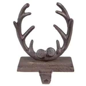 Deer Antler Metal <b>Stocking</b> <b>Holder</b> Christmas Decoration Traditional Style Handicraft Mantel Hook With Wooden Base - Product Image 1