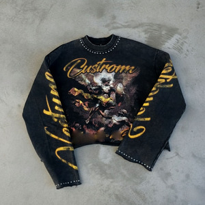Sudadera extragrande personalizada con cuello redondo, estampado negro y dorado, detalles de pedrería, estilo crop, para hombre, estilo otoñal, unisex. - Product Image 1