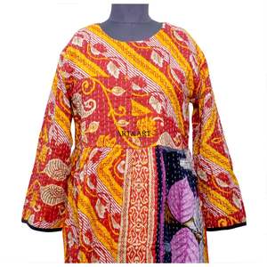 Vestido maxi kantha de algodón estampado de lujo para mujer, moderno, para fiesta, con cuello redondo, manga tres cuartos abullonada, estilo étnico fusion. - Product Image 3