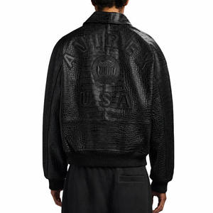 Blouson Bomber Unisexe en Cuir Gaufré Croco Imperméable avec Fermeture Éclair et Broderies Patchwork Style Avirex - Product Image 3