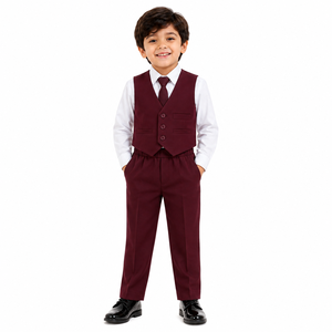 Ensemble uniforme scolaire 4 pièces pour garçons, tenue scolaire pour enfants avec chemise habillée, gilet boutonné à col en V, cravate et pantalon assorti - Product Image 1