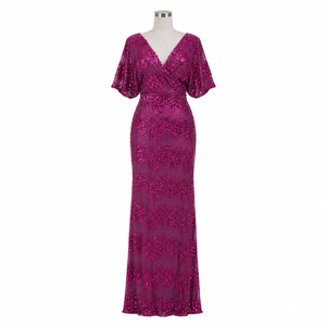 Luxury Fuchsia <b>Sequin</b> Evening Gown for Women | V Neck Flutter Sleeve Formal Party Dress Elegant Wedding Reception Prom Wear - Product Image 1
