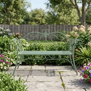 Modern Green <b>Wrought</b> <b>Iron</b> <b>Garden</b> <b>Bench</b> with Ornate Scrollwork Backrest and Curved Armrests for Outdoor Patio Seating - Product Image 3