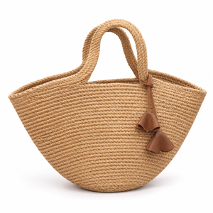Bolso Tote Cuadrado de Yute 100% Natural Tejido Ecológico Personalizable con Asas Cortas, Borlas y Patrón de Letras Termoimpreso - Product Image 4