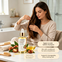 Minyak Rambut Argan Maroko Organik Cold Pressed Menutrisi Kulit Kepala Memperbaiki Rambut Kering Rusak Menghasilkan Rambut Halus Berkilau Private Label OEM