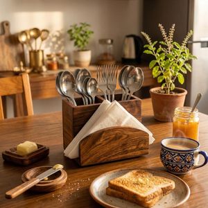Porte-couverts en bois avec support à mouchoirs, organisateur de table à manger pour cuillères, fourchettes, couteaux, rangement de cuisine rustique et décoration intérieure - Product Image 2