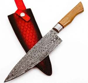 Couteau de chef utilitaire artisanal en acier Damas goutte de pluie, manche en bois, outil de découpe pour barbecue extérieur avec étui en cuir - Product Image 3