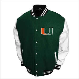Veste universitaire personnalisée Miami, veste en laine verte et blanche, veste bomber avec patch brodé U, vente en gros OEM ODM - Product Image 2