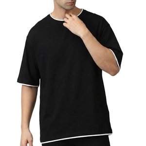 Camisetas de Algodón con Cuello Redondo y Ribete en Contraste de Color, Corte Holgado, para Hombre, Venta al Por Mayor de Fábrica - Product Image 1