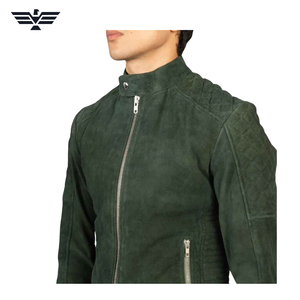 Men's Green Suede Bomber Jacket Stand Collar Zipper Closure Slim Fit Autumn Waterproof <b>Fur</b> <b>Trim</b> Regular Length - Product Image 6