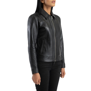 Chaqueta de Motociclista de Cuero Genuino Negro para Mujer, con Cierre, Cuello Camisero - Product Image 2