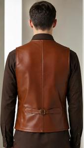 Chaleco de Cuero Genuino Marrón para Hombre, Cuello en V, Cierre de Botón de Una Sola Fila, Prenda Exterior Informal Elegante - Product Image 5
