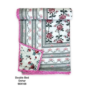 Pure Cotton Reversible Bed/<b>Sofa</b> Handmade Handprinted Floral Dohar Elegant White Blue Buy Direct From Supplier At Bulk - Product Image 5