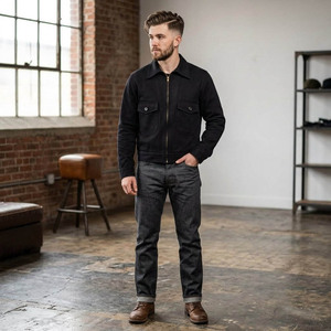 Chemise de travail en coton pour homme avec fermeture éclair et poches, col rabattu, couleur noire unie, style automne - Product Image 5