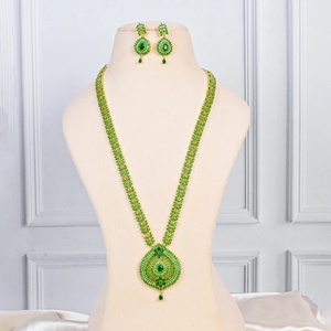 Wholesale Price Emerald Green Long Haram <b>Necklace</b> Set 22K Gold Plated Bridal Long <b>Necklace</b> with Earrings Wedding Gift - Product Image 1