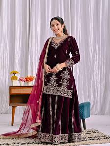 Conjunto de traje Sharara de terciopelo para mujer, top largo bordado con lentejuelas Zari, Salwar Kameez ajustado para bodas y fiestas - Product Image 1