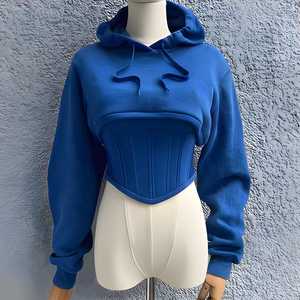 Women's <b>Black</b> Cropped Hooded Sweatshirt Long Sleeve Solid Color <b>Corset</b> Style Drawstring Knitted Terry Summer Wear 100% Cotton - Product Image 6