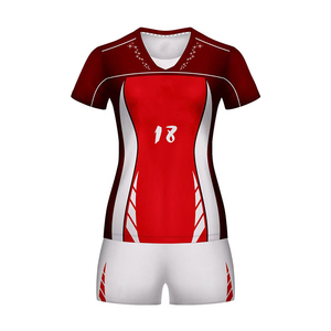 Sublimation Women Volleyball Jersey Dark Red White V Neck <b>Short</b> Sleeve <b>Shorts</b> Set Custom Wholesale - Product Image 2