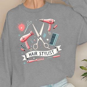 เสื้อสเวตเชิ้ตพิมพ์ลายลำลองสำหรับช่างทำผมผู้หญิง ดีไซน์ลายอุปกรณ์ทำผม - Product Image 2