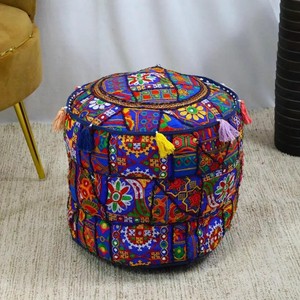 Indian Embroidered Patchwork Cotton <b>Pouf</b> Cover Handmade Round Ottoman Cover - Product Image 4