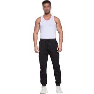Pantalon de jogging noir pour homme avec cordon de serrage, taille élastique, poches zippées et bas de pantalon à revers – Style sportif - Product Image 4