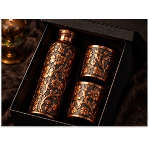 Artisian Copper Water Bottle <b>Flask</b> and <b>2</b> <b>Cups</b> Set with Spiral Pattern Gift Box Modern Portable Drinkware - Product Image 2
