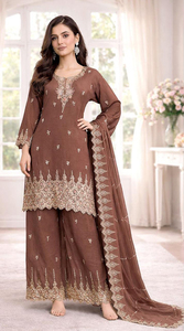 Brown Embroidered Salwar Kameez Set Pakistani Dress Traditional Formal Wear With <b>Shawl</b> for <b>Wedding</b> Ceremony - Product Image 4