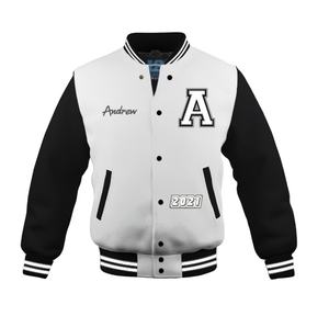 Chaqueta universitaria personalizable unisex con cuello levantado, retales de doble color, bordado, diseño de Letterman para invierno - Product Image 1