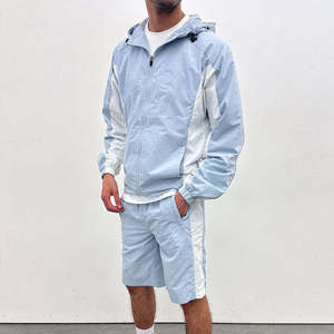 Custom Colorful Windbreaker Set Men’s Hooded Zip <b>Jacket</b> Matching Shorts Color Block Lightweight Outdoor Sportswear Athletic - Product Image 3