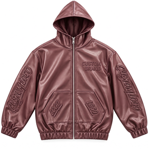 Chaqueta con Capucha y Cierre de Cremallera con Aspecto de Cuero para Hombre, Personalizada con Logotipos Grabados, Corte Holgado, Ropa Urbana de Moda - Product Image 1
