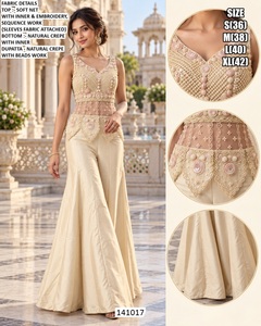 Costume palazzo en soie chinon vert olive pour femme, haut brodé avec doublure et dupatta 141020 - Product Image 3