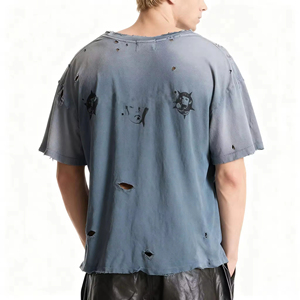 Camisetas de Hombre al por Mayor del Fabricante, Nuevas, Corte Cuadrado, Personalizadas, 250GSM, Cortadas, Desgastadas, Estampadas, Lavadas con Ácido - Product Image 3