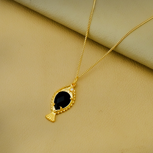 Collar con Colgante de Pez de Ónix Negro, Hecho a Mano, Chapado en Oro, Piedra de Nacimiento de Julio, Joyería con Dije, Regalo para Ella - Product Image 3