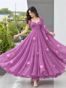 Women Purple Floral Embroidered Georgette Zari Anarkali <b>Kurta</b> Set Dupatta Pants | Floor-Length Loose Fit | Elegant <b>Indian</b> Ethnic - Product Image 4