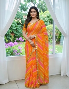 KV Women's <b>Orange</b> Chiffon Mirror Work Traditional Quick Dry Autumn <b>Saree</b> with Unstitched Blouse - Product Image 4