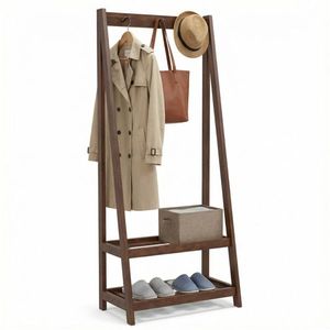 100% Solid Rubber Wood Freestanding Coat Rack a Frame Stable Garment Hanger with 3 <b>Hooks</b> and 2 <b>Shelves</b> - Product Image 1