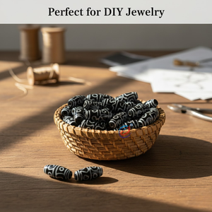 Perles ovales de luxe à motif tribal noir et blanc |   Perles en verre soufflé brillantes pour la fabrication de colliers, artisanat créatif DIY - Product Image 5