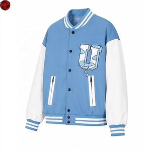 เสื้อแจ็คเก็ต Letterman สีน้ำเงินขาวสำหรับผู้ชาย ทรงเบสบอล คอวี มีซิปและกระเป๋าเสื้อ สำหรับใส่ลำลอง เสื้อแจ็คเก็ต Varsity สำหรับผู้ชาย - Product Image 2