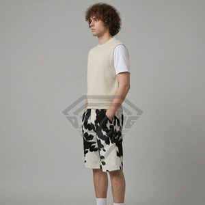 Custom High Quality Mens Casual Streetwear Outfit Beige Knit <b>Sweater</b> Vest And Fashionable Cow Print Furry Shorts Summer <b>Set</b> 2026 - Product Image 2