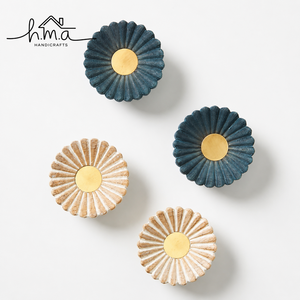 Blue and Beige Fluted Round Brass Cabinet <b>Knob</b> Sunburst Design Decorative <b>Drawer</b> Pull Elegant Furniture Hardware Handle Luxury - Product Image 1