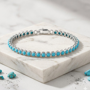 925 Sterling Silver Vintage <b>Gold</b> Turquoise Cabochon Chain Link Tennis <b>Bracelet</b> for Women - Product Image 6
