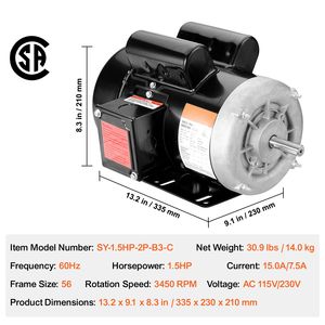 Motor de CA de 1.5 HP, 3450 RPM, 115V/230V, marco 56, para compresor de aire, con eje estriado monofásico de 5/8 pulgadas, rotación CW/CCW - Product Image 6