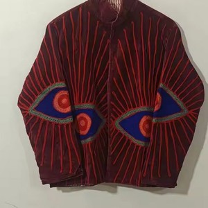 Indian Handmade Suzani <b>Quilted</b> Cotton Fleece Winter Stand Collar Reversible <b>Single</b> Breasted Bomber Jacket Hand Embroidered - Product Image 6