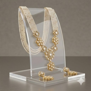 Collar de Plata 925 con Incrustaciones de Oro Kundan y Cadenas de Perlas, con Pendientes Colgantes de Flores a Juego, Joyería Nupcial India Tradicional para Mujer - Product Image 5