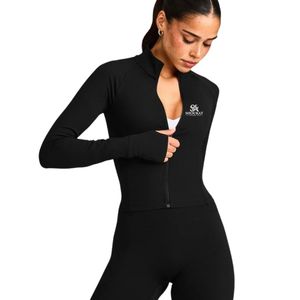 Women's <b>Black</b> <b>Long</b> <b>Sleeve</b> Jacket High Neck Fitted Activewear Gym Workout Sports <b>Top</b> Slim Fit Athletic Jacket Custom OEM Apparel - Product Image 1