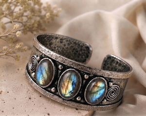 Natural Labradorite Three Stone Wide <b>Cuff</b> Bangle Handmade Gold/<b>Silver</b> Plated Brass Adjustable Vintage Unisex Classic Statement - Product Image 6