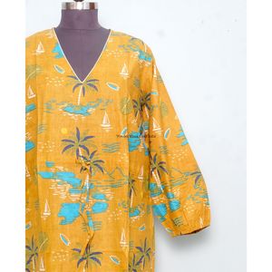 เดรสลำลองทรงตรงไซส์พลัสสำหรับผู้หญิง ลายพิมพ์บล็อกด้วยมือ แขนพอง คอวี เอวธรรมชาติ ความยาวระดับข้อเท้า - Product Image 3