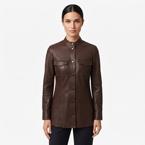 Women's Vintage Long Genuine Leather Full Sleeve <b>Shirt</b> with Button Front Pockets Business Wear for Summer & Winter - Product Image 1